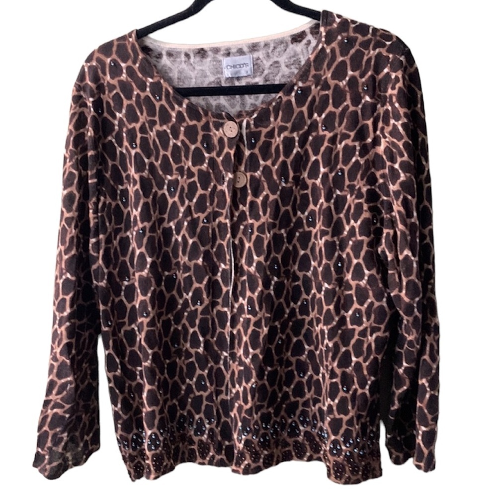 Chico’s leopard beaded cardigan size L office work feminine
